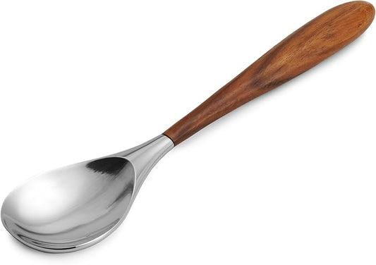 Nambé Curvo Serving Spoon, 13 x 3" Stainless Steel Bowl with Acacia Wood Handle, Modern Tableware Utensil for Serving Side Dishes, Salads, Main Courses, Pasta, Rice & Dinner Parties