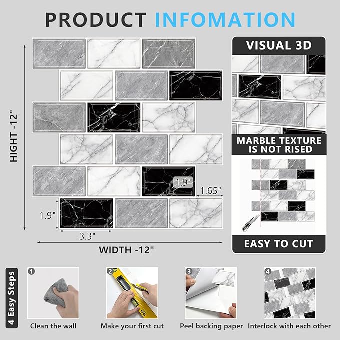 URCOLOR 10-Sheet Back Splashes for Kitchens Peel and Stick,12"x12" Self Adhesive Stick on Backsplash for Bathroom Black White Grey Marble Look