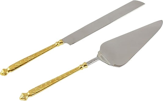 Server Set, Cake, Pie, Desert Flatware Set, Carved, 2-piece 18/10 Stainless steel with brass handles (light antique gold finish)…