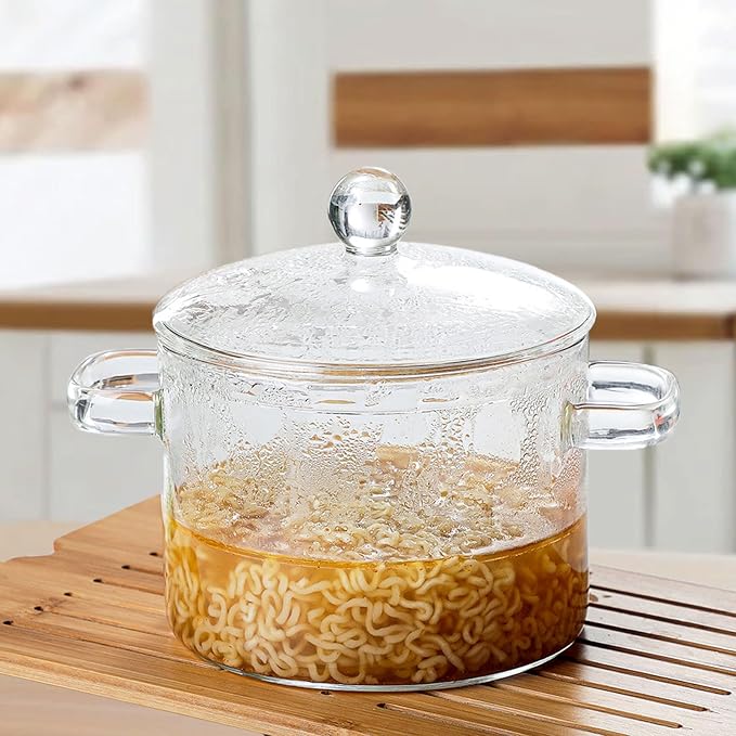 2L Clear Simmer Potpourri Pot with Lid 67OZ Glass Saucepan with Cover Glass Pots Set for Cooking On Stove Handmade Glass Cookware Set Cooktop Safe for Milk,Pasta Noodle, Soup