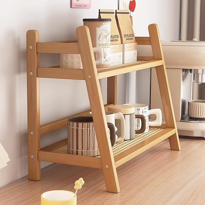 Coffee Station Organizer, Bamboo Mug Holder Countertop, Kitchen Counter Shelf for Tea Coffee Bar Accessories, Matcha Stand, Cup Display, Condiment Storage Rack (patent pending)