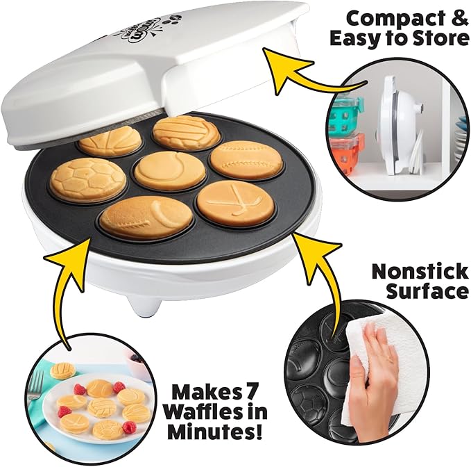 Sports Waffle Maker- Make Breakfast a Slam Dunk- Bakes 7 Themed Pancakes Including Football, Baseball, Basketball, Soccer, Tennis & More- Electric Nonstick Waffler with Recipe Guide- Kids Morning Fun