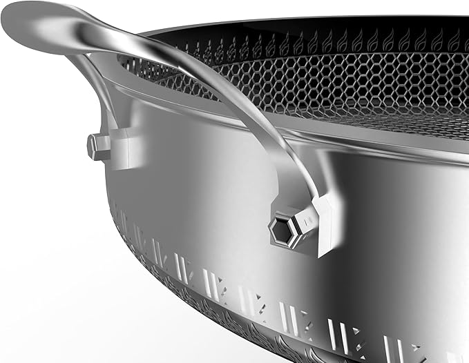 CATHYLIN 316L Stainless Steel 5QT Frying Pan Hexagon Nonstick Wok with Lid,Single Handle to Hold, PFOA Free, Dishwasher Oven Safe (12inch,5QT/Single Handle)