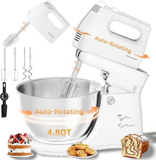 Stand Mixer Hand Mixer Kitchen Electric - 2-IN-1 4.8 QT Auto-Rotating Bowl & Beater Tilt-Head Standing Mixer, 250 Watt 5-Speed with Turbo Boost Household Mixer with Beaters & Dough Hooks for Baking