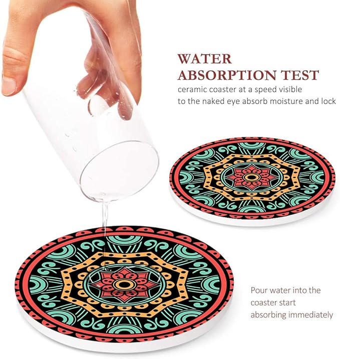 Coaster for Drinks Set of 6, Mandala Flower Floral Retro Absorbent Round Ceramic Stone Mat, with Cork Base and Metal Holder, Gift for Housewarming Room Bar Decor