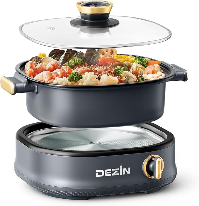 Stariver 3L Non-Stick Hot Pot Electric with Dual-Power Control,Electric Shabu Shabu Pot with Removable Pot, Electric Pot with Tempered Glass Lid for Party, Family Gathering（Golden）