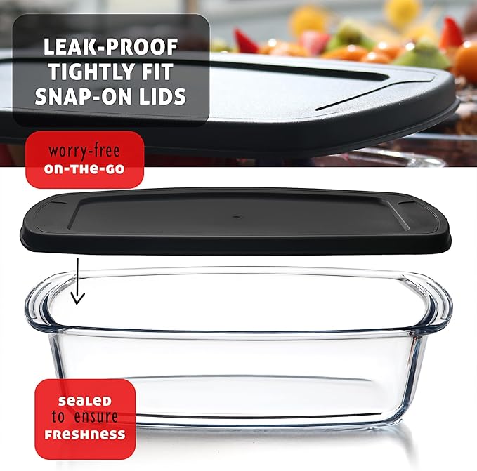 EATEX Glass Bread Pans for Homemade Bread Baking, 1.9 Quart Deep Rectangular Glass Food Storage Containers with Lids BPA Free Microwave Oven & Freezer Safe - 6 Bread Loaf Pans 6 Airtight Lids Black