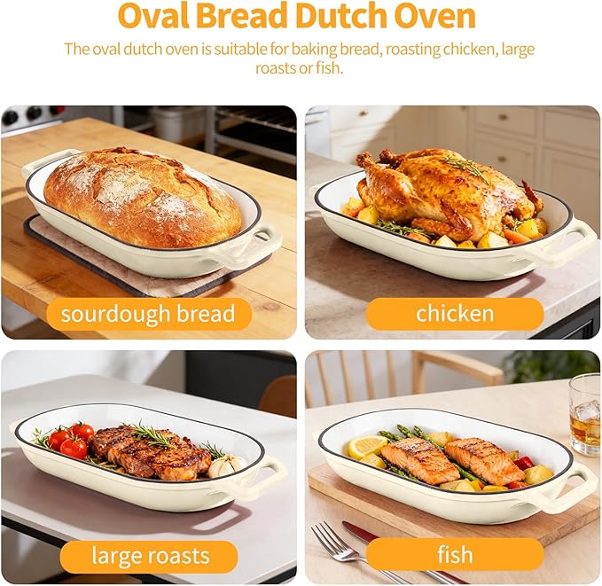 Oval Dutch Oven for Bread Baking, 6QT Enameled Cast Iron Oval Dutch Oven Pot with Lid and Dual Handles, Ceramic Sourdough Bread Baker with Bread Dome, Cooking, Frying, Non-stick Enamel Coated Cookware