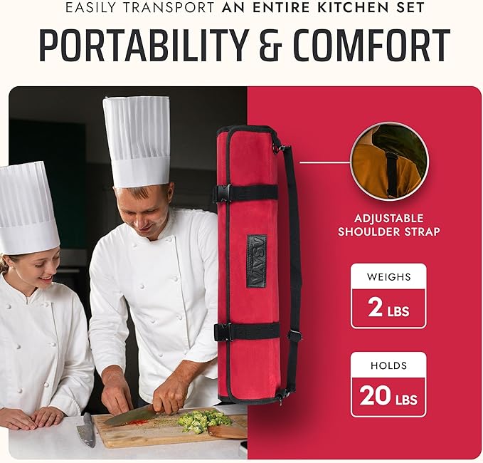 Asaya Canvas Chef Knife Roll Bag - 10 Knife Slots and a Large Zipper Pocket - Durable 10oz Canvas Knife Case with an Adjustable Shoulder Strap - Knives not Included (Red)