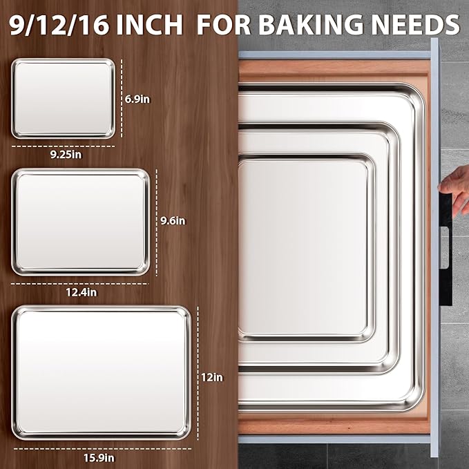 Stainless Steel Cookie Sheets Set of 3, 9/12/16 Inch Non Stick and Heavy Duty and Easy Clean