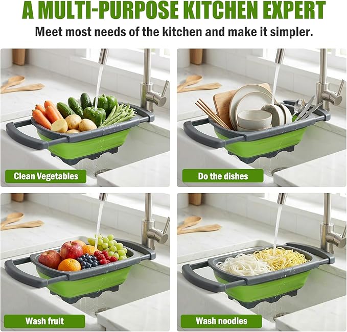 Collapsible Colander Strainer, 6 Quart Over the Sink Colander with Ergonomic Non-Slip Handles, Durable Silicone Strainer for Veggies Fruits Pasta, Dishwasher Safe Space-Saving Kitchen Essential