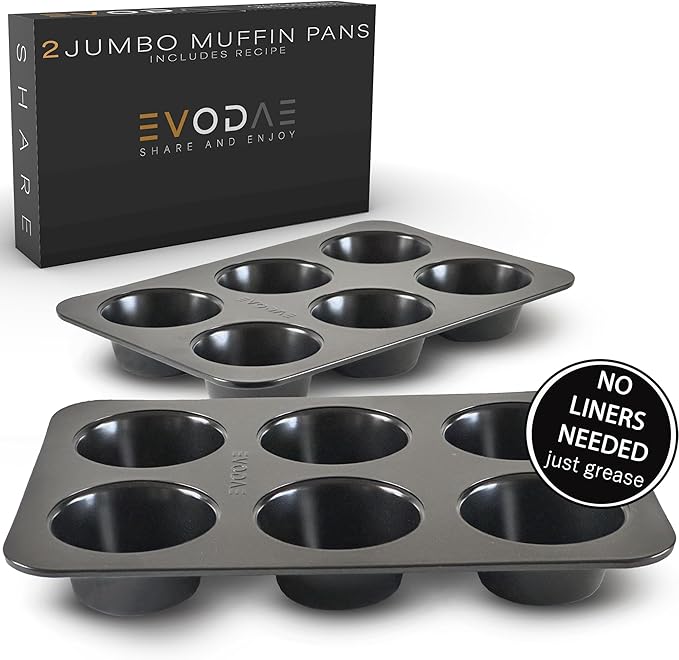 EVODAE® Nonstick Jumbo Muffin Pan – 2 Pack Large Muffin Pans, 12-Cup (2×6) Capacity, Large Cupcake Pan & Jumbo Muffin Tin – Pro-Grade Bakeware, Heavy Duty – PFOA & PTFE Free, No Liners Needed