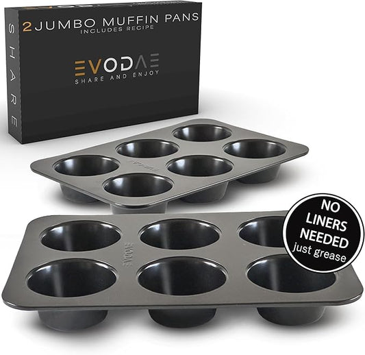 EVODAE® Nonstick Jumbo Muffin Pan – 2 Pack Large Muffin Pans, 12-Cup (2×6) Capacity, Large Cupcake Pan & Jumbo Muffin Tin – Pro-Grade Bakeware, Heavy Duty – PFOA & PTFE Free, No Liners Needed