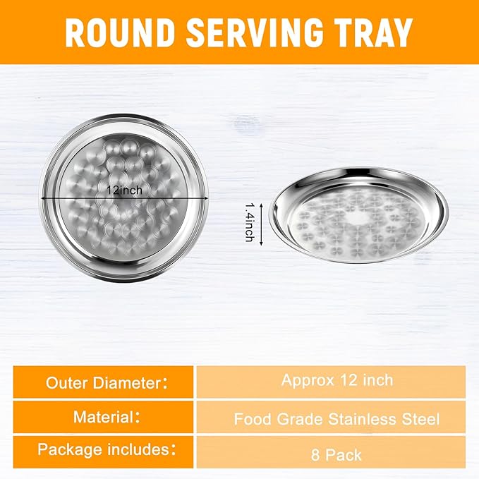 8 Pack Stainless Steel Round Serving Tray with Swirl Pattern Bulk Large Round Tray Silver Metal Display Serving Platter for Coffee Party Club Home (12 Inch)
