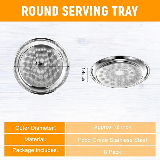 8 Pack Stainless Steel Round Serving Tray with Swirl Pattern Bulk Large Round Tray Silver Metal Display Serving Platter for Coffee Party Club Home (12 Inch)