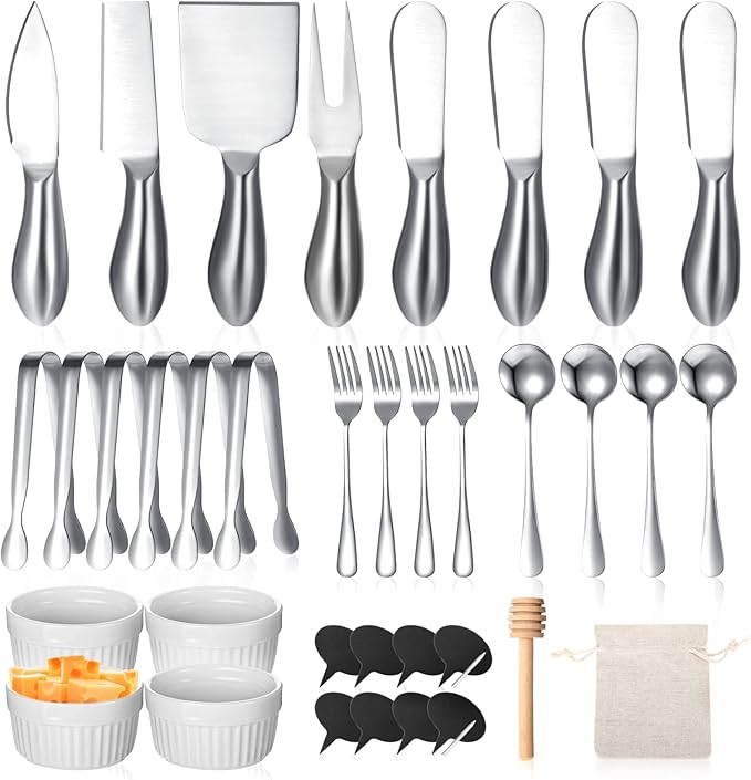 38 Pcs Summer Charcuterie Board Accessories Utensils Include Cheese Knife Set Bowls Cheese Markers Serving Tongs Spoons and Forks Honey Dipper for Butter Cheese and Pastry Making (Silver)