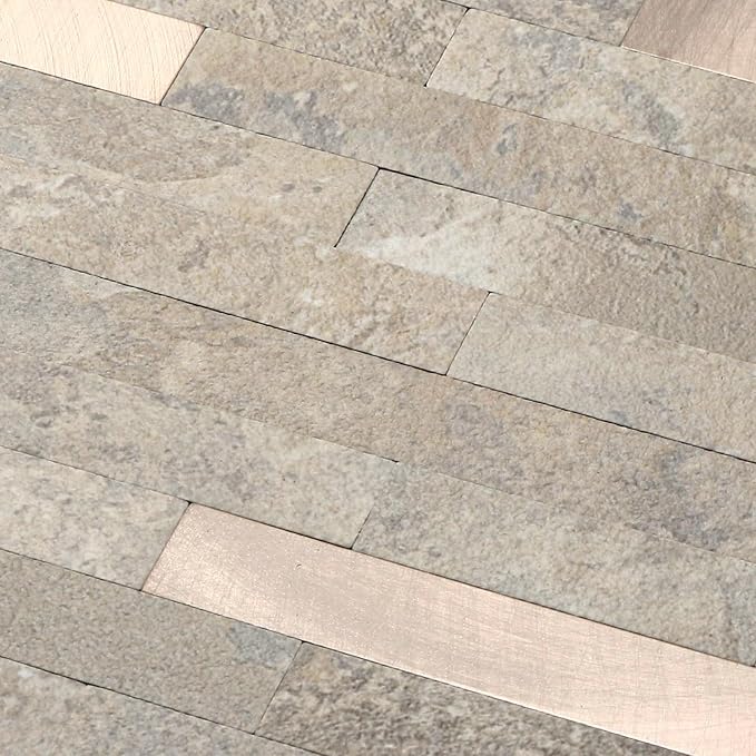 Yipscazo 10 Sheets Peel and Stick Stone Metal Backsplash, PVC Wall Tiles Stick on Tiles for Backsplash Kitchen, Bathroom, Fireplace (6'' X 12'', Beige Stone)