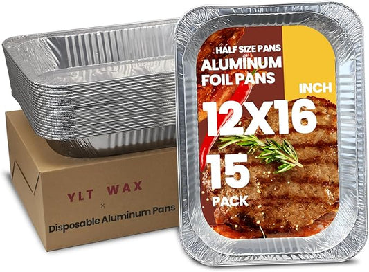 YLT WAX 12x16 Aluminum Foil Pans, 15 Pack Disposable Full Size Large Baking Pan for Roasting, Restaurants, Cooking, Heating, Buffets