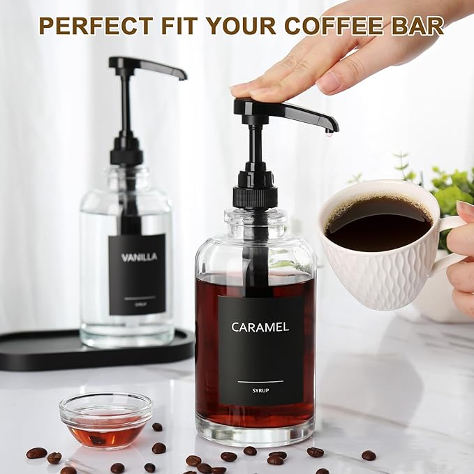 Coffee Syrup Dispenser for Coffee Bar, Glass Syrup Dispenser with 1/4oz Large Capacity Pump, Coffee Syrup Pump Dispenser for Coffee Station, 16.9 fl oz Maple Syrup Bottles for Coffee Bar