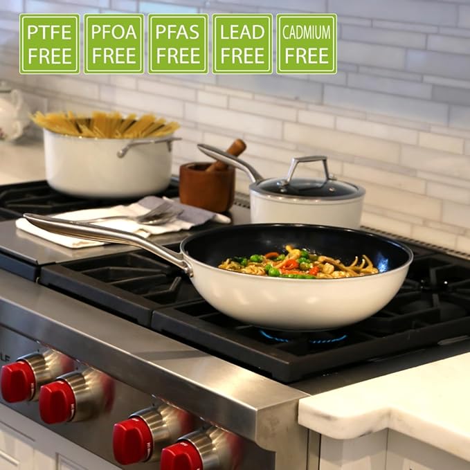 ValenCera TeChef Collection | Ceramic Nonstick Flat Bottom Wok Stir Fry Pan, Nontoxic - Free of PFAS, PFOA, PTFE (Wok 12")