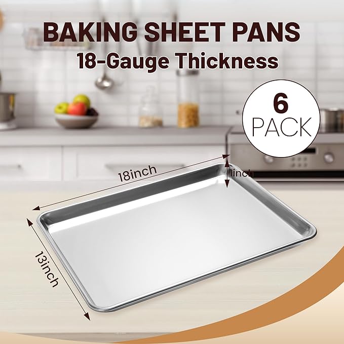 BIEAMA 6 Pack Half Size Baking Sheet Pan Aluminum Commercial Pan for Oven Freezer Bakery Hotel Restaurant 13" × 18"