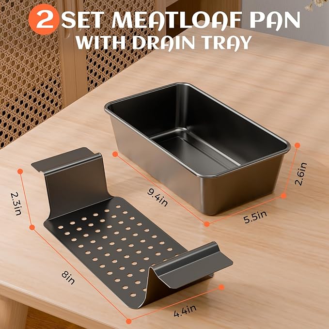 2 Pack Meatloaf Pan with Drain Tray, Non Stick Meat Loaf Pan with Drip Tray, 9.4 x 5.5 Inch Loaf Pan for Baking Bread and Meatloaf