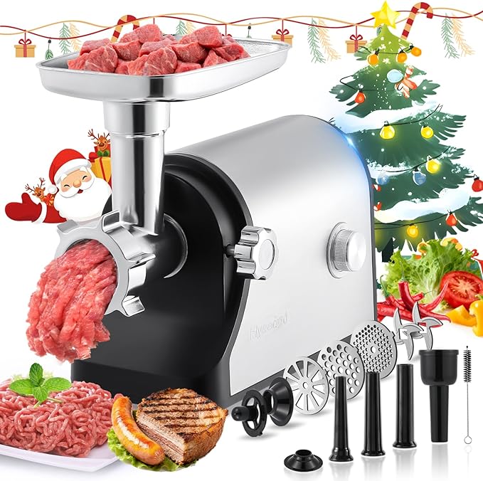 Flyseago Electric Meat Grinder 3200W Heavy Duty Commercial Meat Grinders, Sausage Stuffer, Kubbe Kit with 2 Cutting Blades, 3 Grinding Plates, 3 Sausage Tubes, Metal Gearbox Meat Grinder for Home Use