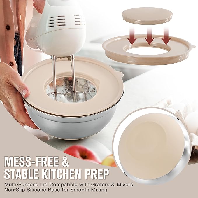 Mixing Bowls with Airtight Lid Set, 23PCS Stainless Steel Nesting Bowls with 3 Graters, Non-Slip Base, Large Prep Bowls 7, 3.5, 2.5, 2, 1.4, 1QT & 14 Measuring Spoons Great for Baking, Serving