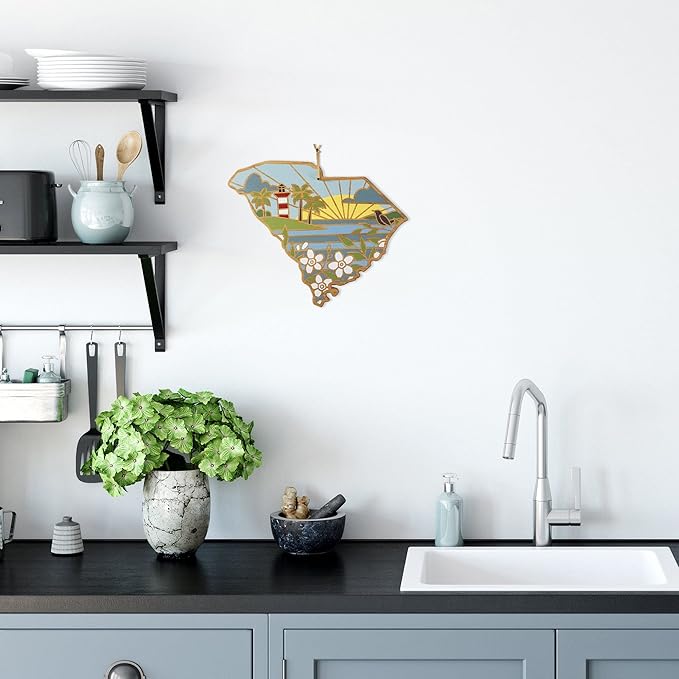 Totally Bamboo South Carolina State Shaped Cutting Board and Charcuterie Serving Platter with Artwork by Summer Stokes, Includes Hang Tie for Wall Display 14" x 11-1/2" x 5/8"