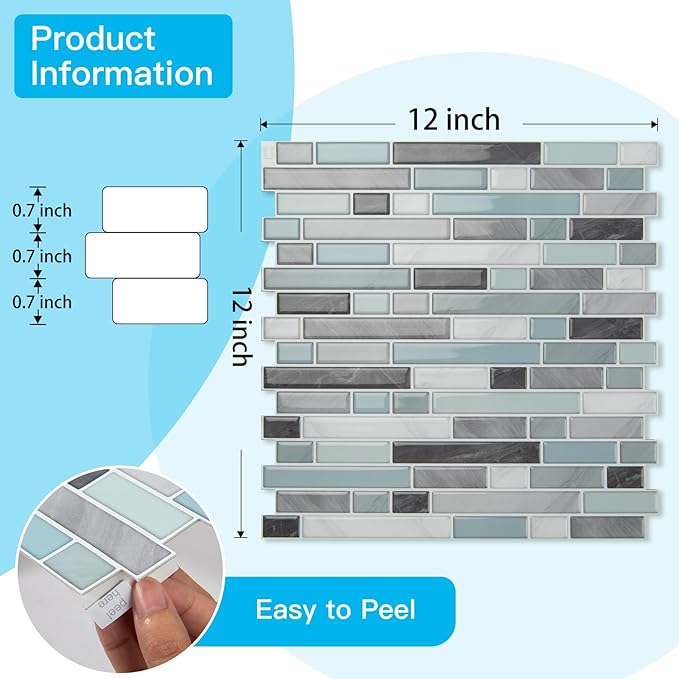Art3d 10-Sheet Heavy-Duty Peel and Stick Backsplash, Waterproof Wall Tiles Stick on Kitchen Backsplash Living Space, Gray & Blue