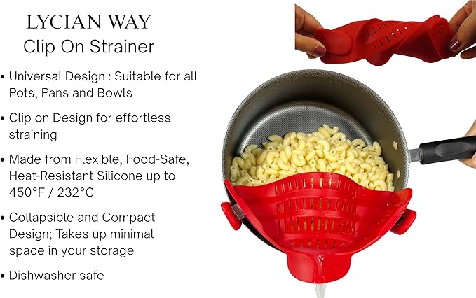 Clip on Strainer Silicone for All Pots and Pans, Colander, Pot Strainer for Pasta, Meat, Vegetables, Space Saving Design, Food-Safe with Collapsible Funnel, Garlic Peeler, 3 Pack (Red)
