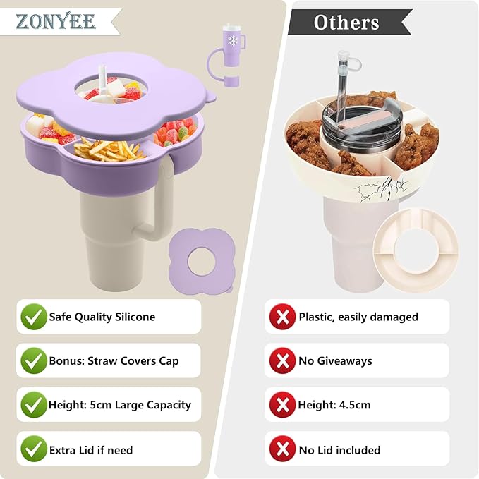 Snack Bowl with Lid for Stanley 30 oz Tumbler with Handle, Silicone Snack Tray Snack Ring for Stanley Cup Accessories, Suitable for Car Cup Holder or Outdoor, Orchid