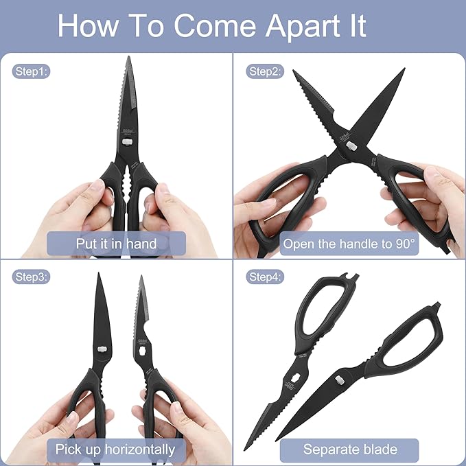 Kitchen Shears Come Apart Kitchen Scissors with Serrated Blade Premium Black Titanium Plated Stainless Steel Shears for Food Heavy Duty Chicken Bone Fish Nutcracker Can Opener 02A