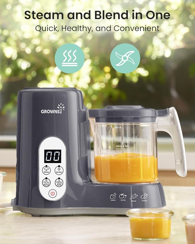 Grownsy Baby Food Maker with Steam Basket, One Step Baby Food Processor Steamer Puree Blender Grinder Mills Machine, Auto Cooking Grinding and Sterili-zing for Healthy Homemade Baby Food, Dark Grey