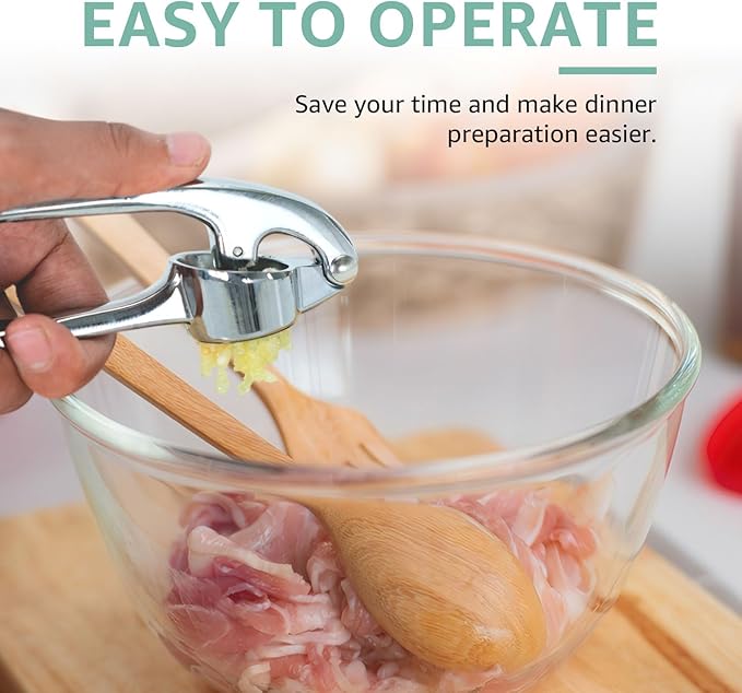 Garlic Press – Heavy Duty Garlic Press Mincer with Ergonomic Handle, Rust-Resistant Zinc Alloy, Dishwasher Safe, Includes Silicone Garlic Peeler & Cleaning Brush (Imperial Silver)