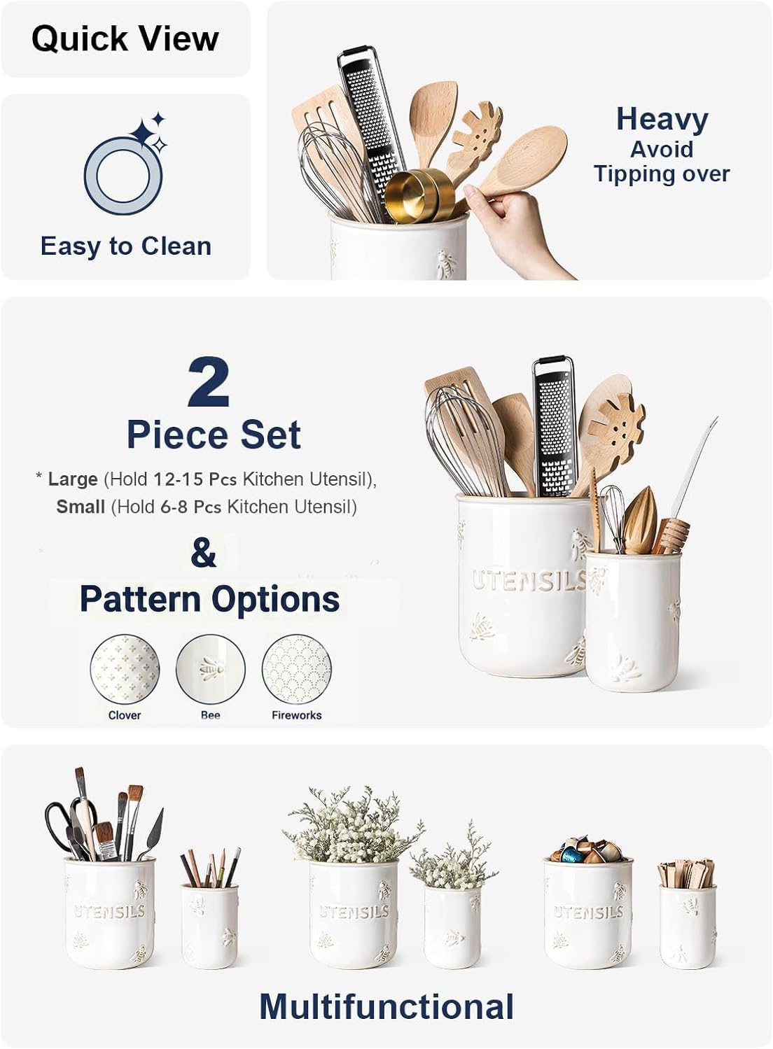 LE TAUCI Utensil Holder for Kitchen Counter - 6.9"+5.3" Ceramic Kitchen Utensil Holder Set of 2, Large Cooking Utensil Crock & Organizer for Spatula, Spoon - Embossed Kitchen Decor, White,Bee