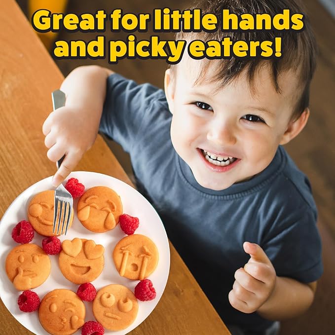 Mini Emojis Waffle Maker for Valentine's Day Breakfast- Make 7 Unique Smiley Face Waffles Pancakes for Kids- Electric Non-Stick Iron Feat Kiss Face Heart Eyes & Smile w Recipe Guide- Licensed by Emoji