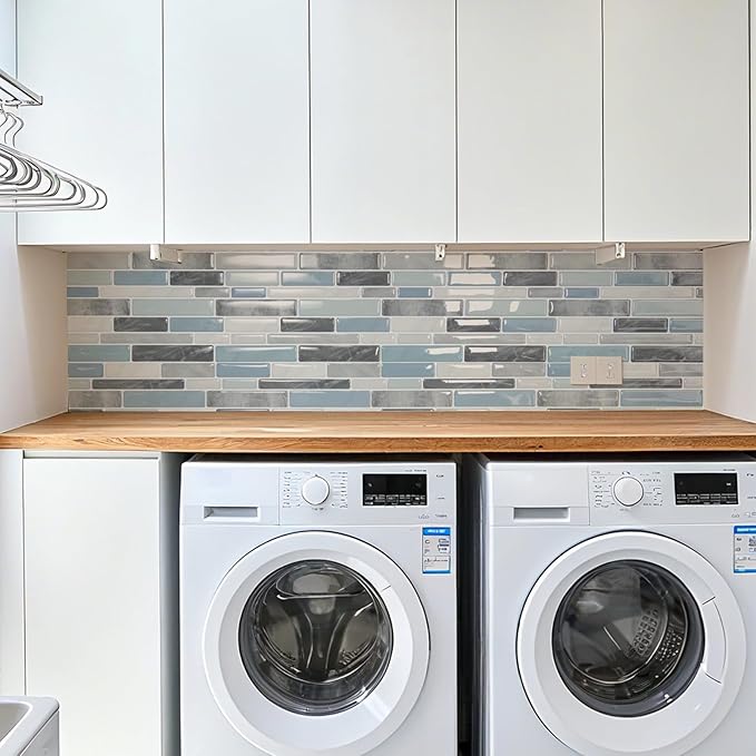 LONGKING Self-Adhesive Kitchen Backsplash, Marble Look Decorative Tiles (10 Tiles)