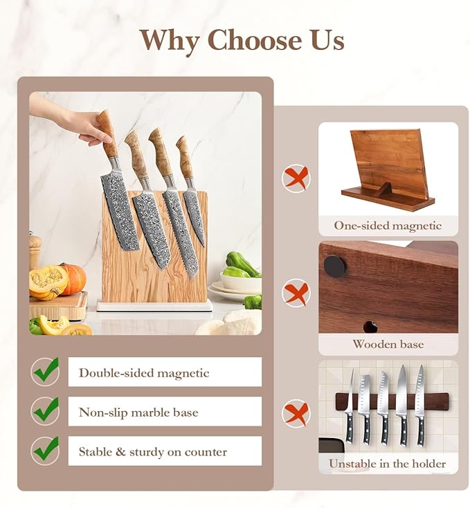 HEZHEN Double-sided Magnetic Knife Holder without Knives, Olive Wood Knife Block for Kitchen Counter, Space-saving Knife Storage, Strong Enhanced Magnets Strip, Non-slip Marble Base