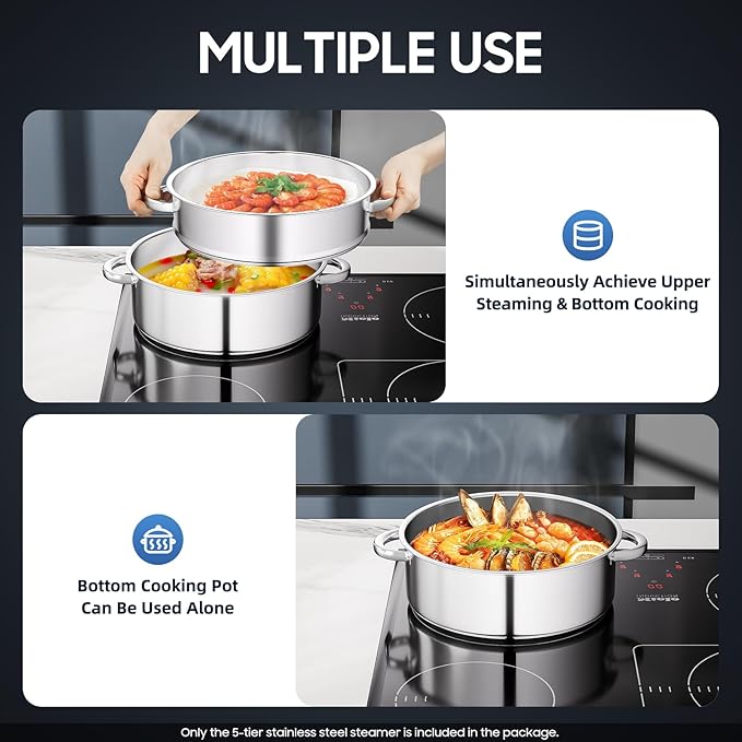 5 Tier Steamer Pot, 304 Stainless Steel Food Steamer with 4 Steaming Grids & 11.02in Bottom Cooking Pot, Stackable Steaming Pots Steam Cooker Cookware, Used for Cooking Dumplings, Steamed Buns
