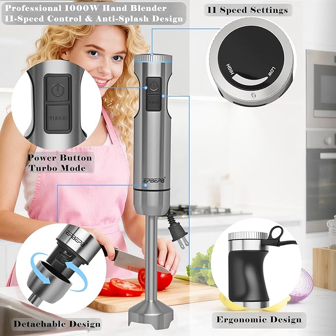 Handheld Immersion Blender Bundle, 1000W Powerful 11-in-1 Set for Smoothies,Orange Juicer,Minced meat,Milk frother,Egg Beater, Dough Hook, Vegetable Chopper, Potato Masher