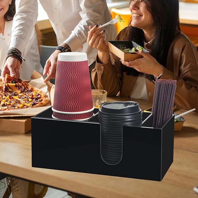 Coffee Bar Accessories and Organizer, Disposable Cup Holder for Countertop, Black Acrylic Storage and Organization for Cup Lid Stirrers Pod, Farmhouse Table Décor