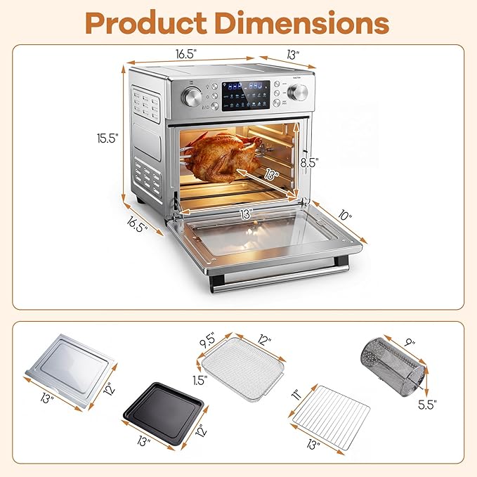 ARLIME 14-in-1 Air Fryer Toaster Oven Combo, 1700W Stainless Steel Countertop Convection Oven with Bake, Rotisserie, Dehydrate & Defrost Functions, 26 QT Large Capacity, 60-Minute Timer & Accessories