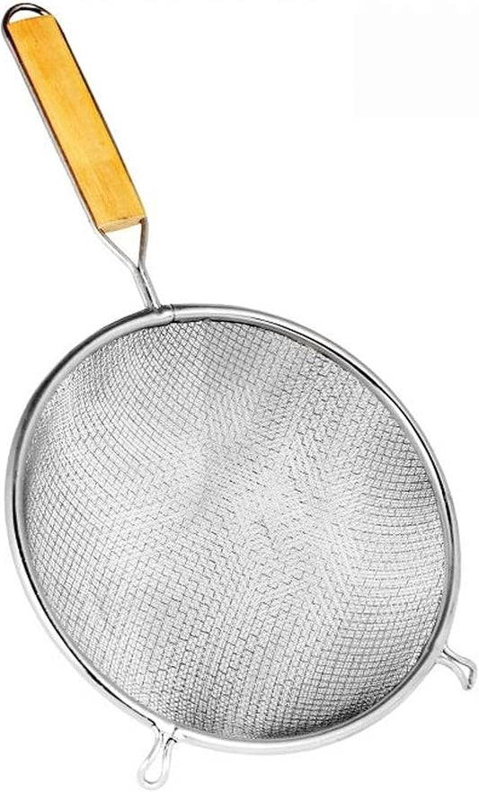 TrueCraftware- 6-Inch Double Fine Mesh Strainer Stainless Steel 6-1/2" Handle Length Wooden Handle- Kitchen Utensil Food Strainer Skimmer Spoon for Cooking Sieve Sifters Pasta Fruits Vegetable