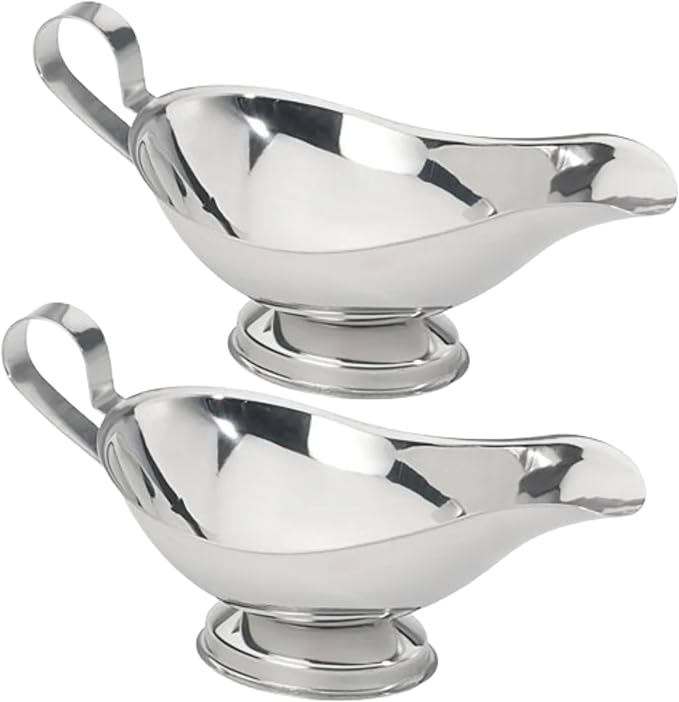 Stainless Steel Gravy Boat – Elegant Sauce Server with Gadroon Base & Easy-Pour Lip – Durable Metal Sauce Boat for Gravy, Dressings, Syrups, and Condiments – Dishwasher Safe (2, 8 Oz.)