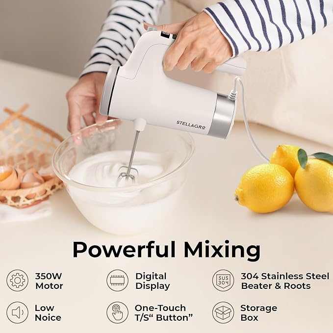 Stellagro 9 Speed Electric Handheld Mixer with Stainless Steel Whisk Beater Attachments & Snap Storage Case, Compact Lightweight 350 W Powerful hand held mixer for Baking & Cooking, White