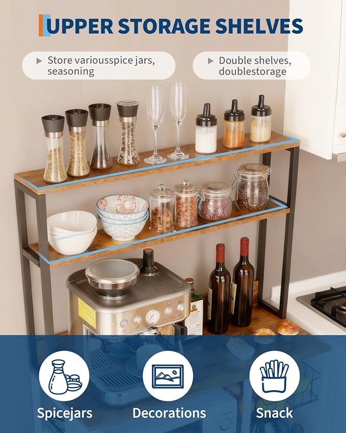 Garvee Kitchen Bakers Rack with Power Outlet, 35 * 60inch Microwave Oven Stand with Storage 4 Tiers, Coffee Bar Table with 5 S Hooks, Kitchen Storage Shelf Rack for Spices, Pots, Rustic Brown