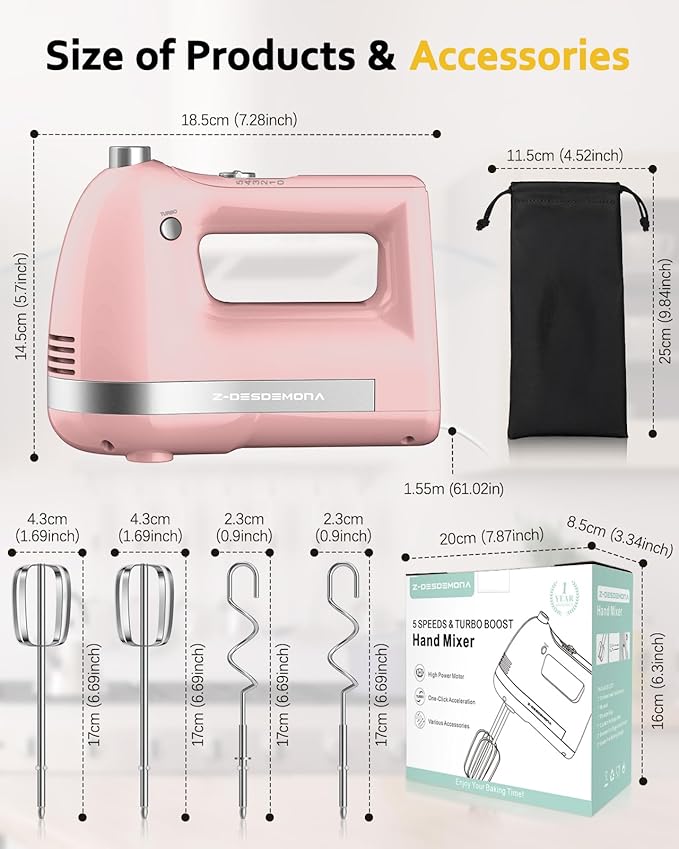 Z-DESDEMONA Electric Hand Mixer, Powerful 300W Hand Mixer Electric Handheld with 304 Beaters, Dough Hook,Hand Held Mixer with Turbo for Baking Cakes, Eggs, Cream Food(Pink)