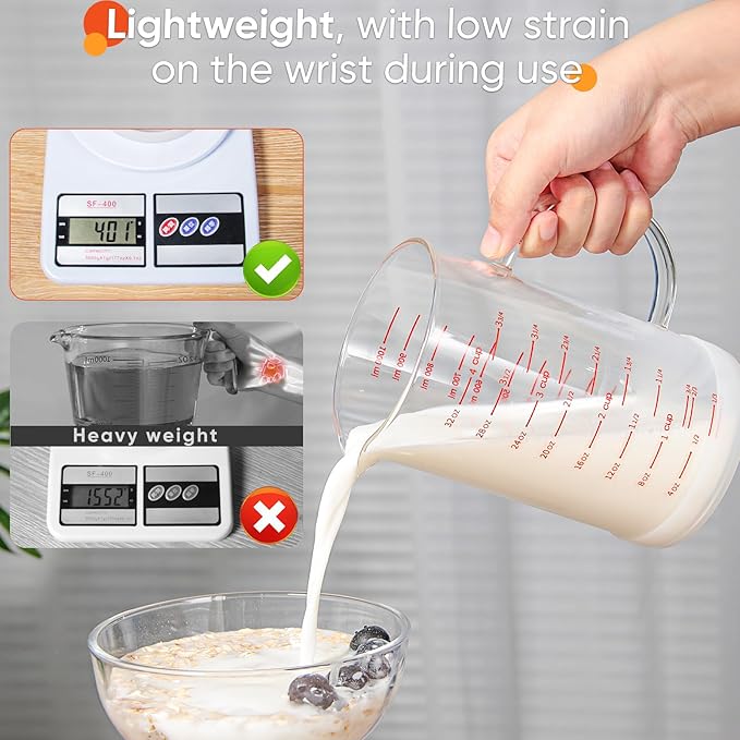 4 Cup Glass Measuring Cup with Handle, 77L High Borosilicate Glass Measuring Cup with V-Shaped and Three Scales (Cup, OZ, ML), Glass Liquid Beaker with Silicone Base, Double-Sided Measure Scales