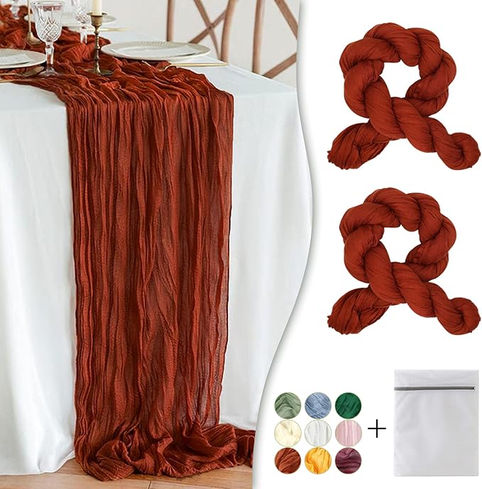 Terracotta Cheesecloth Table Runner 2 Pack 35" Boho Gauze Table Runner 120 inches Long Runner Rustic Sheer Fabric Bulk for Baby Shower Wedding Bridal Birthday Party Table Decorations